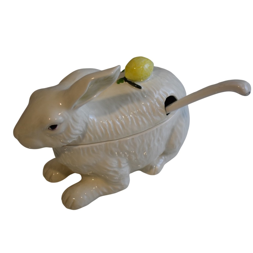 Vintage Ceramic Bunny Rabbit Tureen White with Ladel Japan Excellent Lid Jar